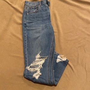 American Eagle Mom Jean, medium denim, Ripped knees and ankle cuffs, Size 6.